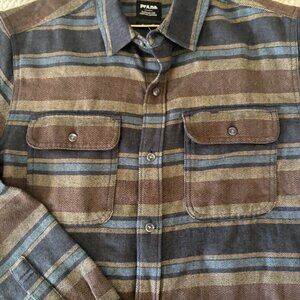NWT Prana Mens Blue/Brown Striped Button Down Shirt